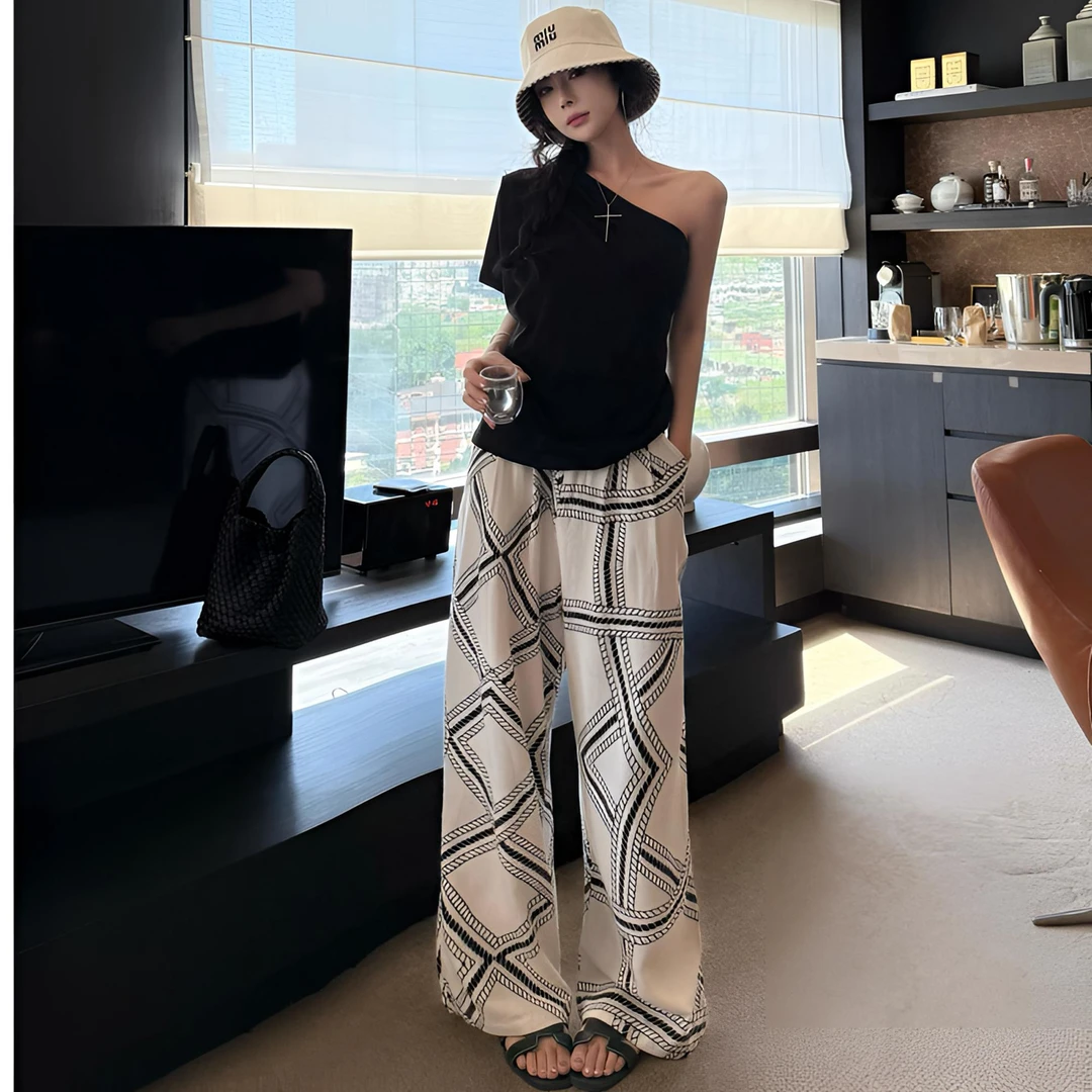 松弛感洋气印花慵懒休闲裤女2025夏季新款直筒宽松花裤子女夏薄款