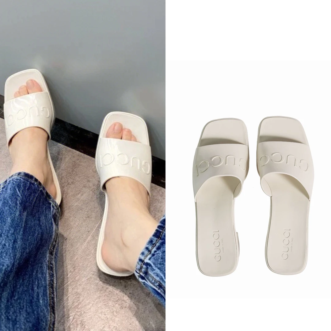 99新 GUCCI/古驰 粗跟注压镂空方头白色中跟拖鞋 35码 G0202
