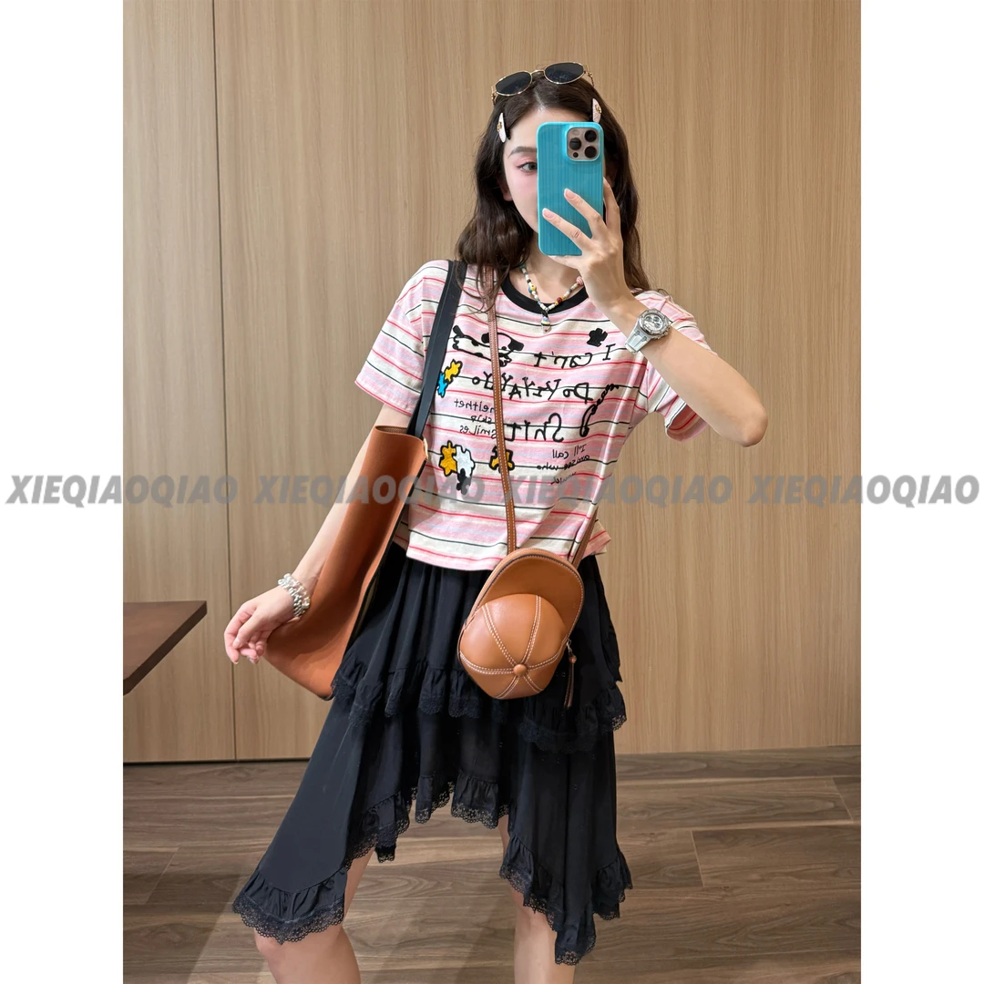 谢荞荞「拼图旺旺」夏设计款圆领撞色重工刺绣卡通百搭T恤短袖上衣