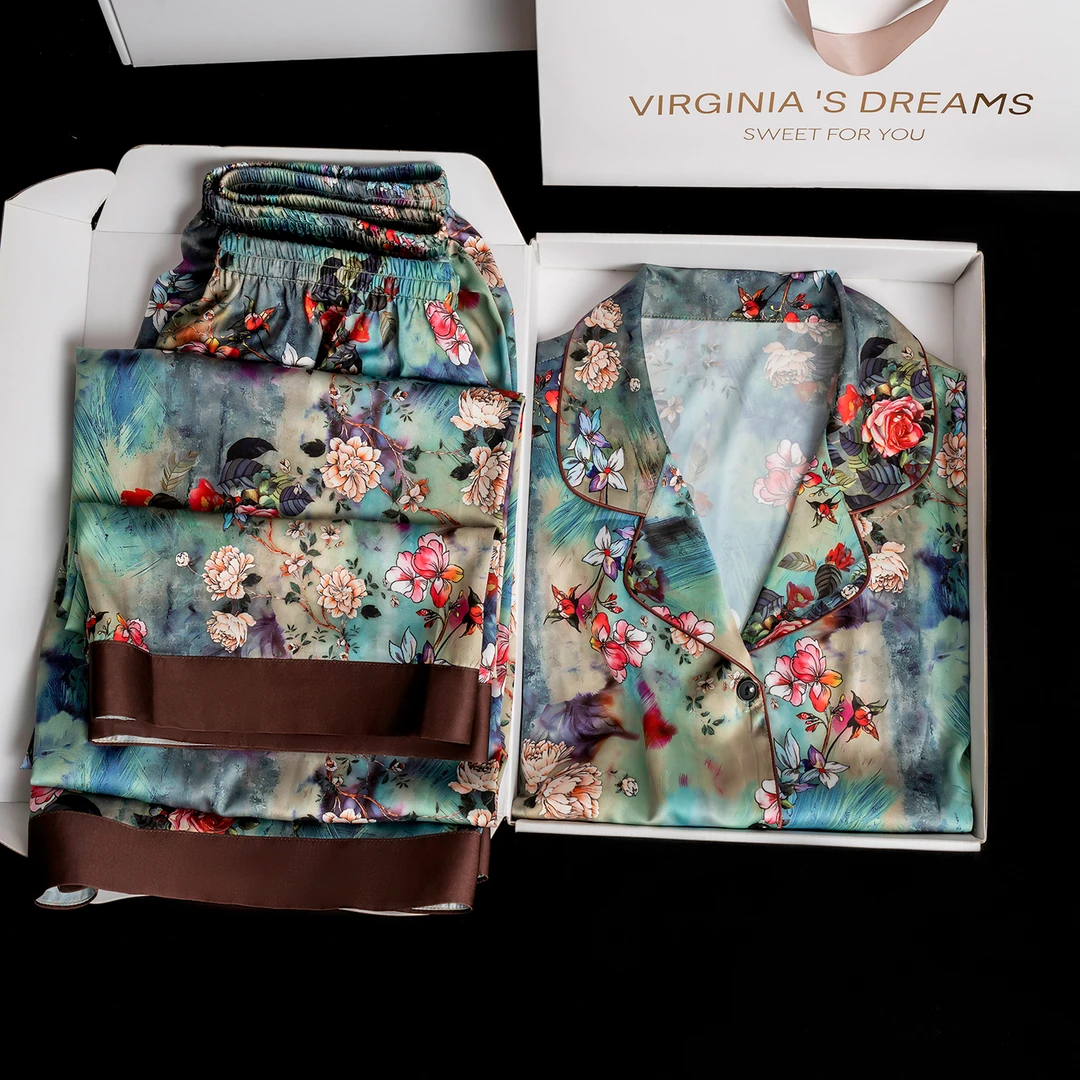 达芬奇密码蔓河玫瑰2025新款短袖三件套印花套装女士睡衣家居服