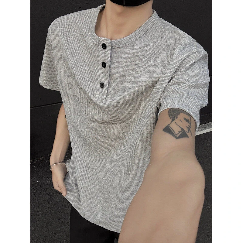 浅灰色正肩短袖T恤男款夏季美式高级感亨利领内搭休闲上衣半截袖