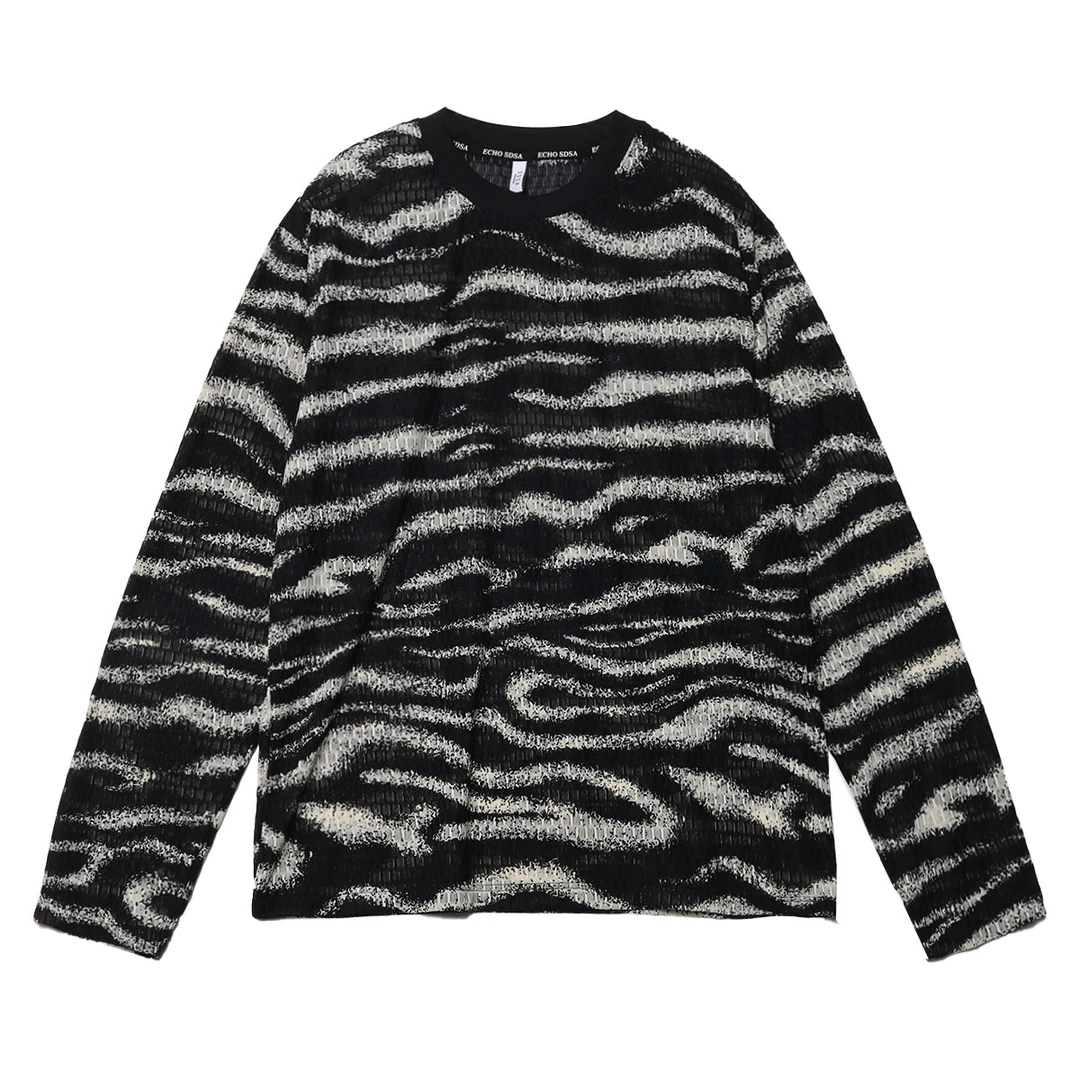 T421春秋新款斑马纹水洗轻奢高定圆领长袖套头T恤休闲宽松百搭潮