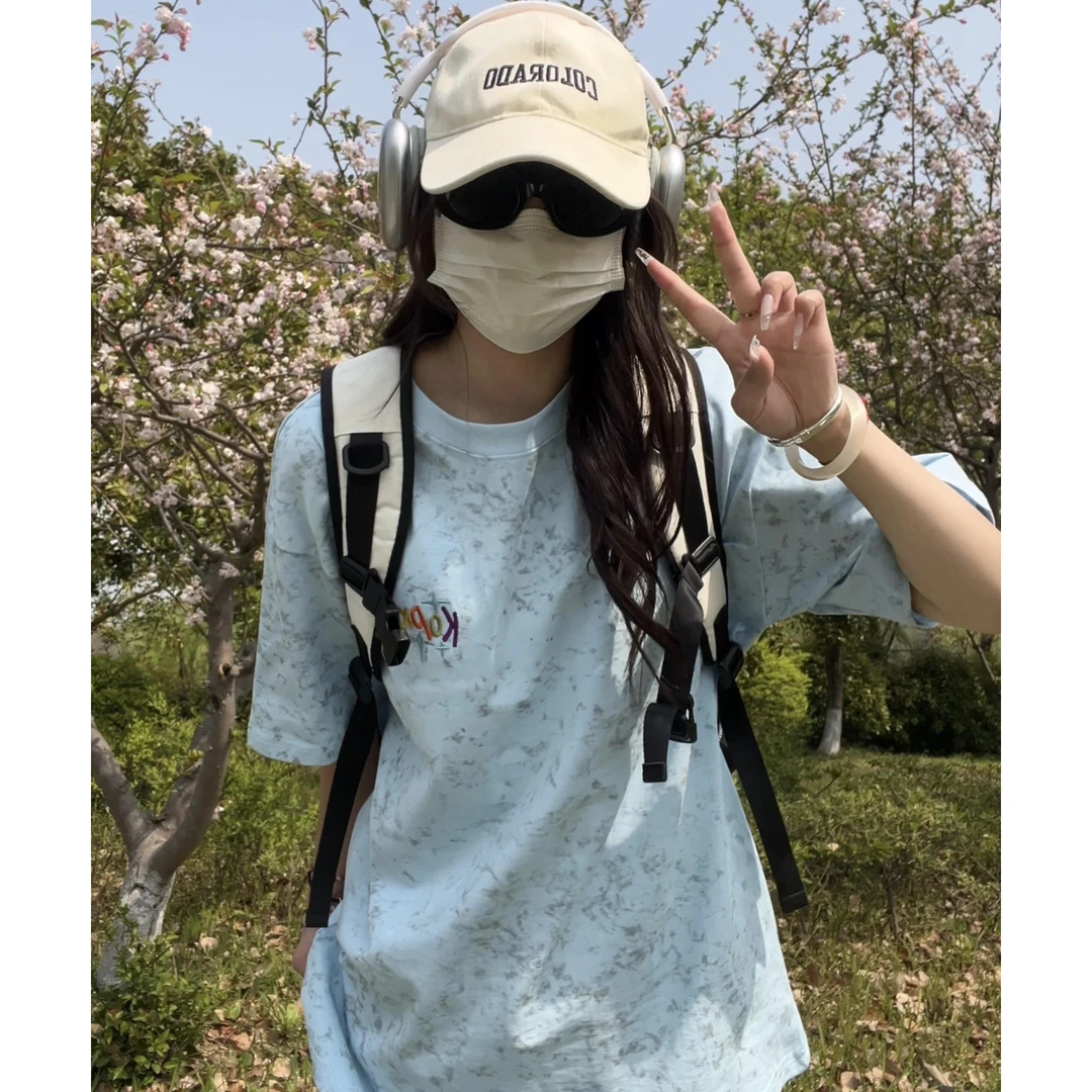 夏季刺绣短袖t恤男女潮流宽松百搭雪花染体恤学生打底衫圆领上衣