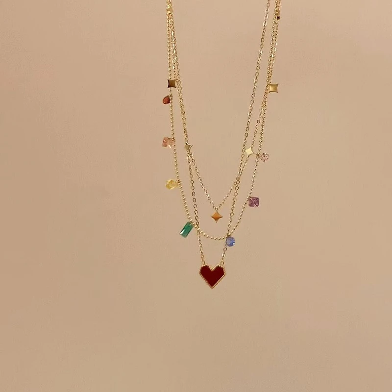 铜合金项链 复古酒红色爱心项链轻奢小众多巴胺彩色满钻叠戴颈链