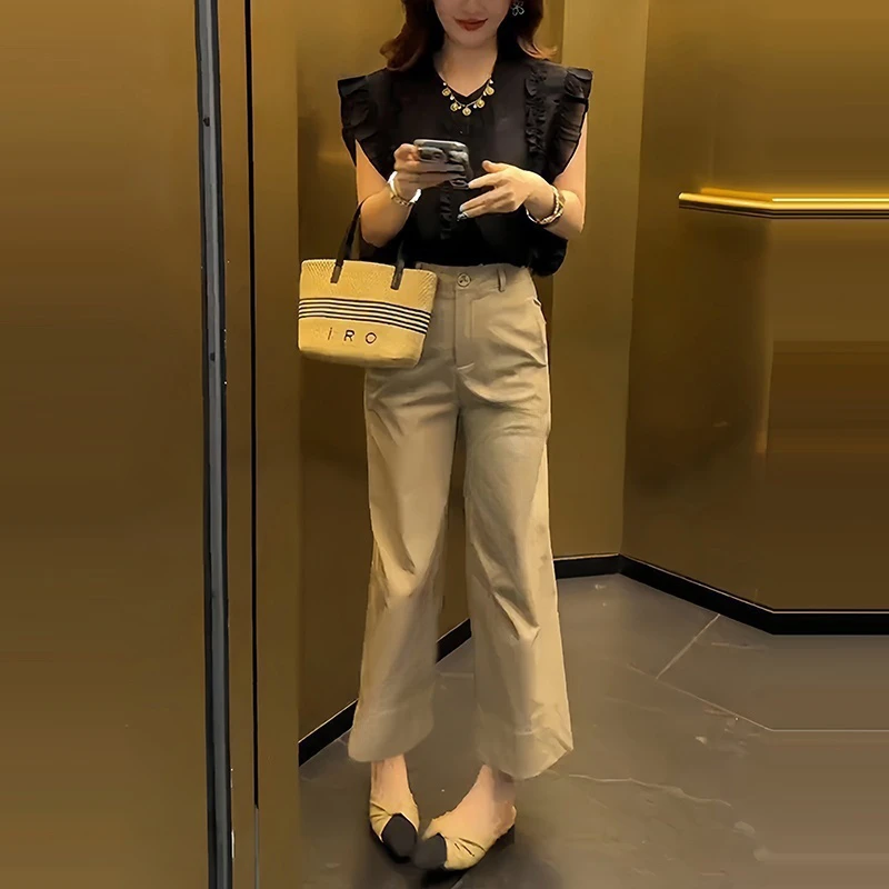 夏季新款高级感穿搭无袖花边衬衫女韩版修身直筒裤小个子简约套装