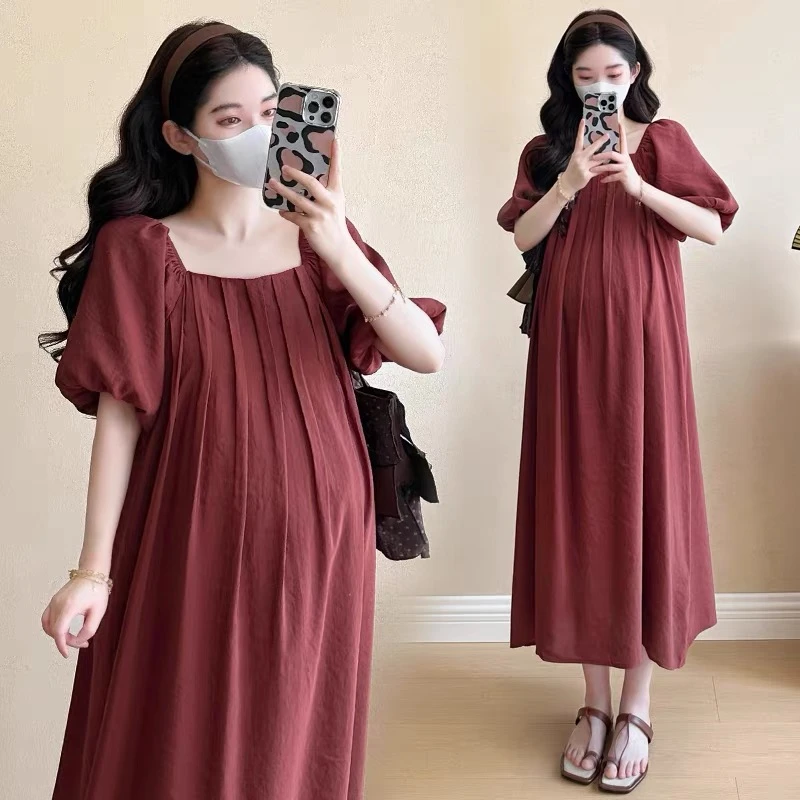 孕妇装夏装连衣裙2025新款时尚孕妈韩版宽松方领洋气中长款 A字裙