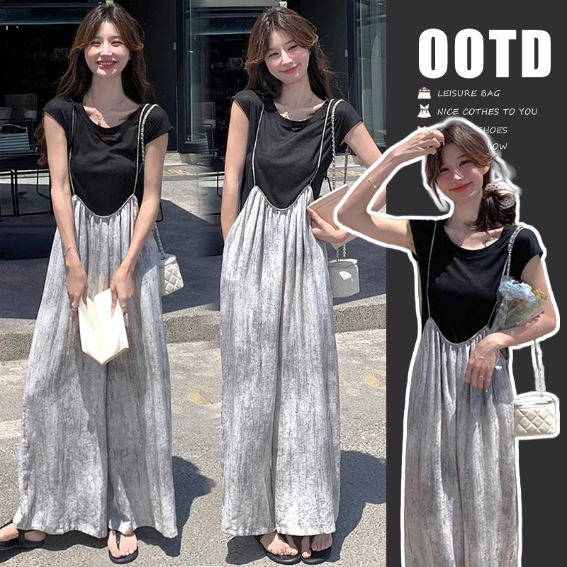 孕妇套装2025夏季新款洋气时尚显瘦拉链吊带阔腿长裤舒适短袖上衣