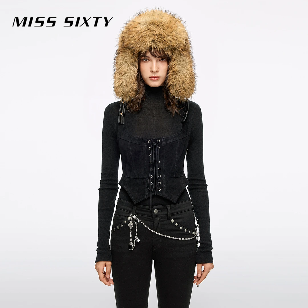 【杨幂大片】Miss Sixty2025冬季新款真皮背心女绑带马甲波嬉风