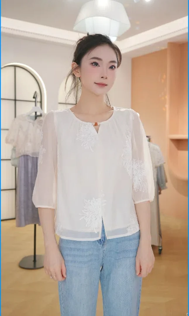 F2953高级感轻奢减龄宽松休闲刺绣衬衫女春夏季遮肉上衣薄款衬衣