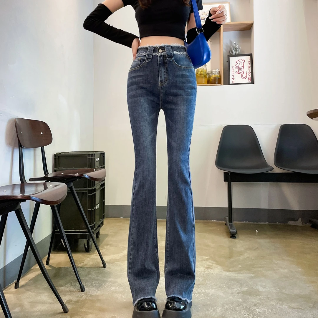 春秋季高腰蓝灰色微喇牛仔裤女2025年新款韩版毛边显瘦百搭喇叭裤