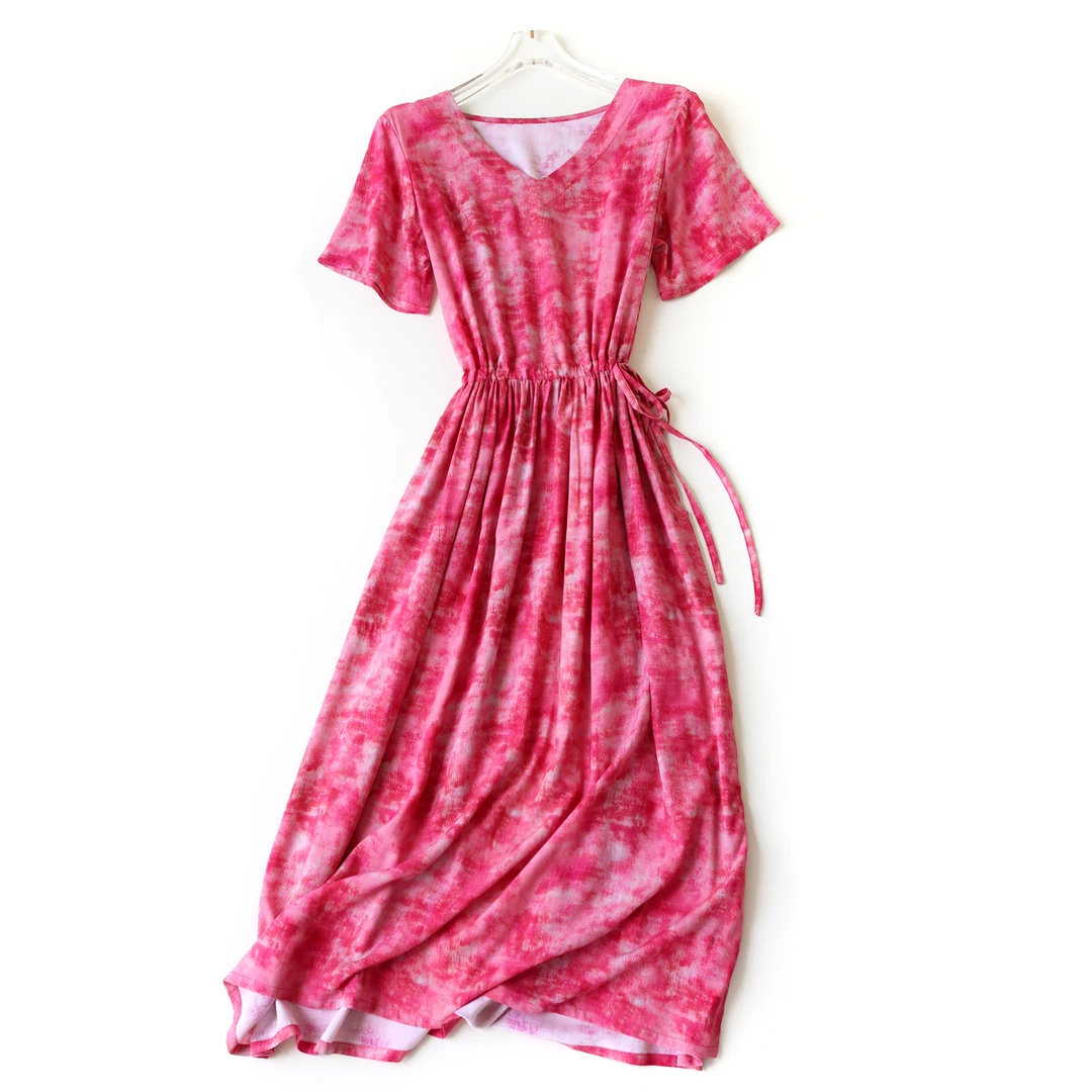 棉绸碎花V领收腰棉绸连衣裙显瘦高腰系带大摆裙长款时尚亲肤显瘦