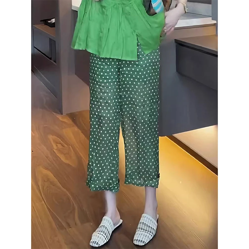 绿色韩系九分百搭阔腿裤女2025夏季薄款休闲舒适减龄洋气波点裤子