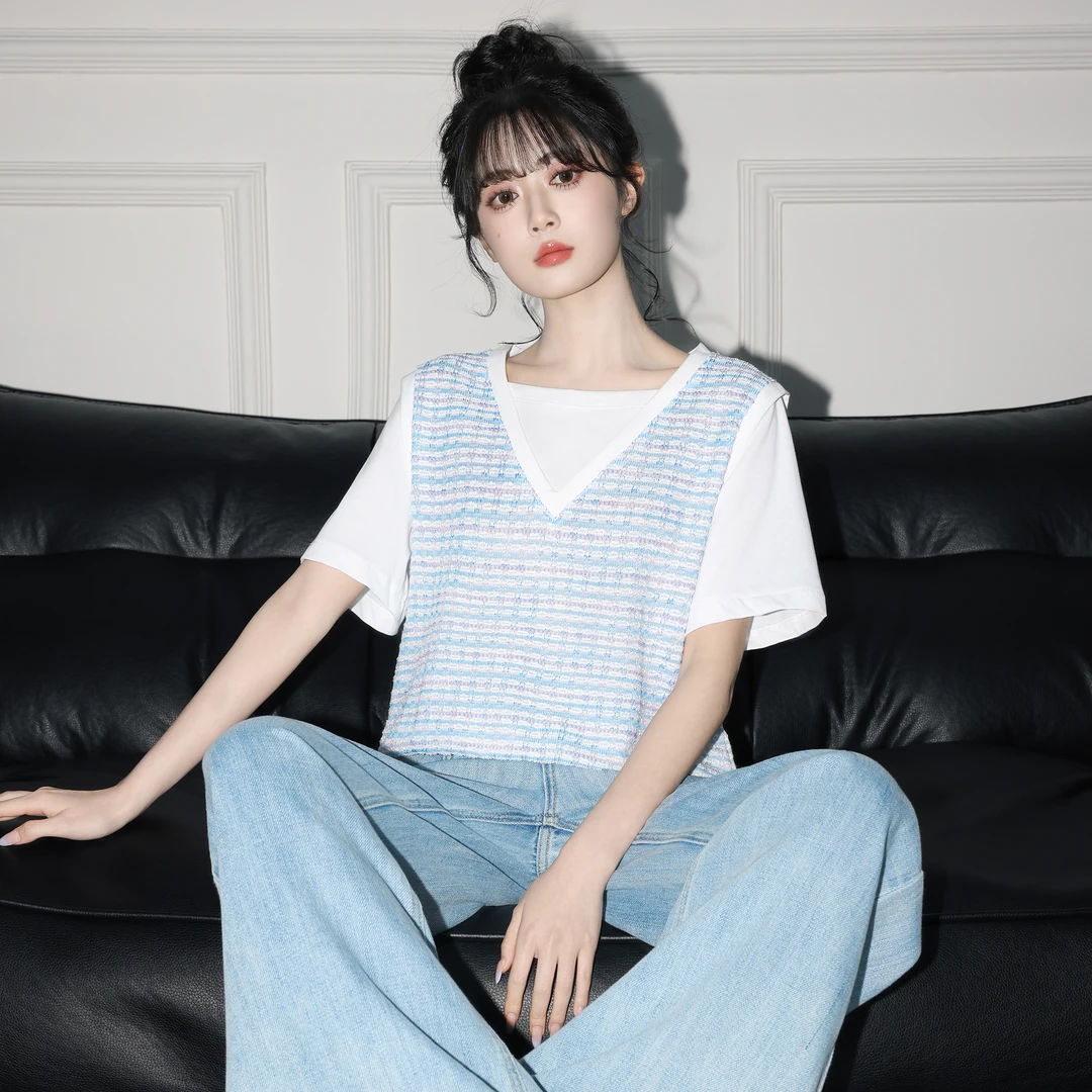 假两件短袖t恤女2025夏季新款设计感针织拼接小香风体恤正肩上衣