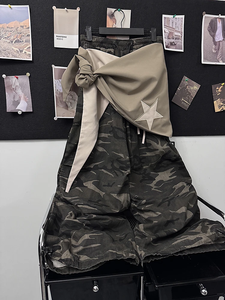 美式复古双层屁帘叠穿迷彩工装裤男女爵士舞宽松阔腿裤休闲裤