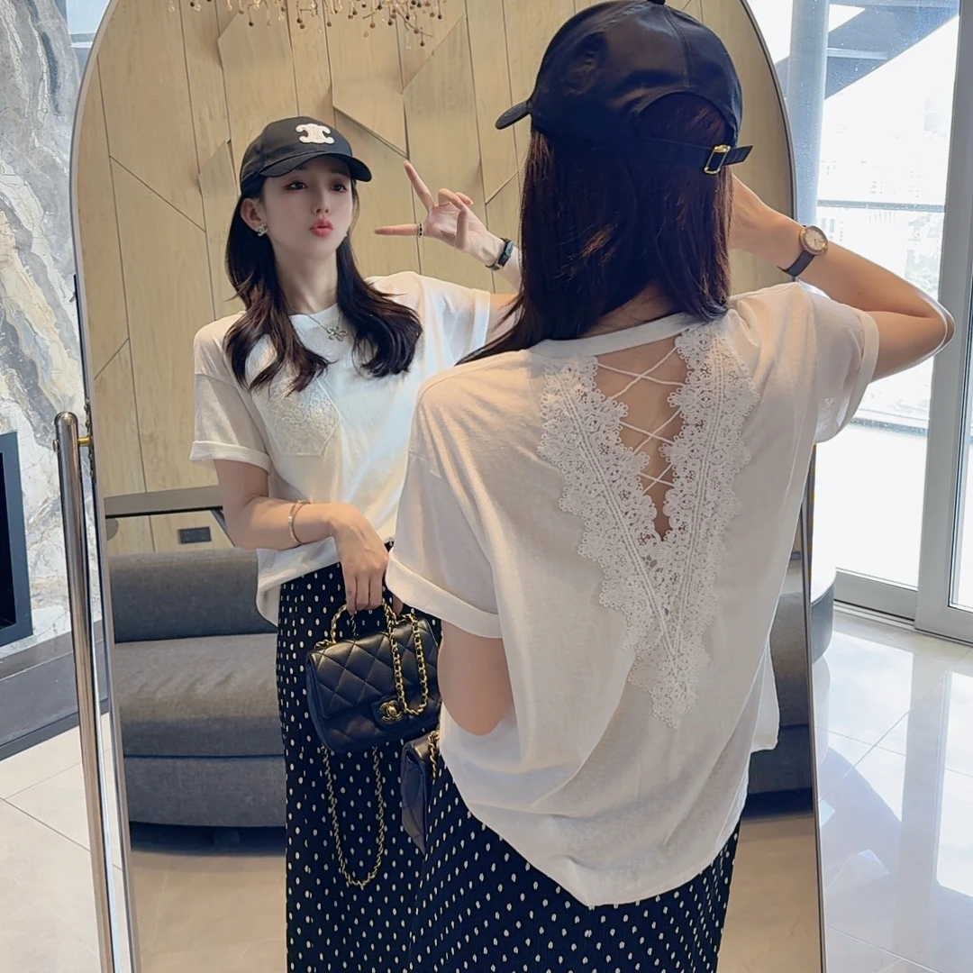 【大静静】优雅十足~后背蕾丝小心机夏日白色短袖