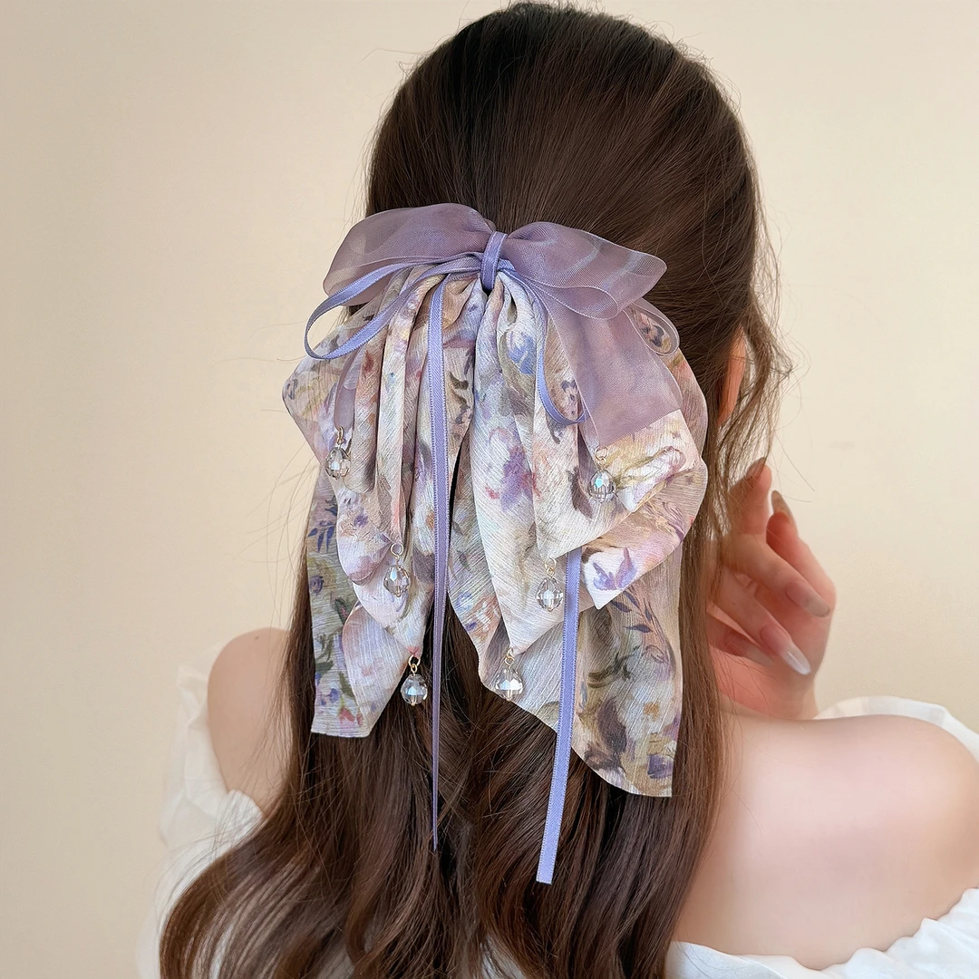 超仙多层碎花蝴蝶结马尾夹紫色飘逸雪纺抓夹盘发器百搭时尚鲨鱼夹