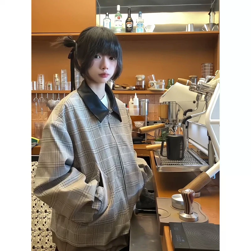 芸蚁错落拼接千鸟格廓形外套男cleanfit哈灵顿皮领夹克设计感上衣