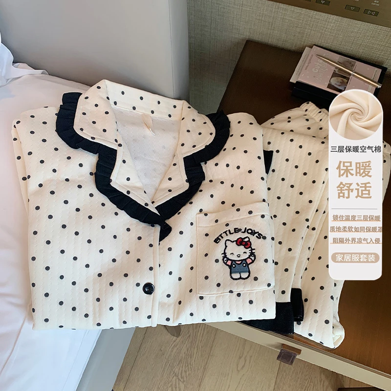 卡通kitty猫睡衣女生长袖可爱套装空气绵加厚保暖大码少女家居服