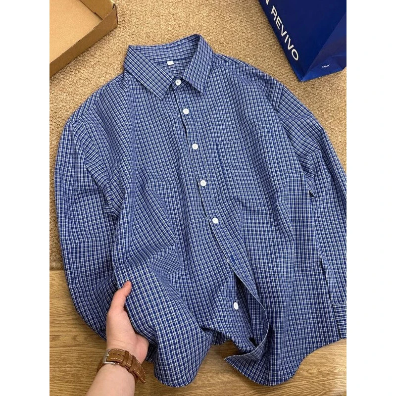 cleanfit蓝色格子衬衫男春季叠穿内搭潮牌长袖衬衣美式复古薄外套