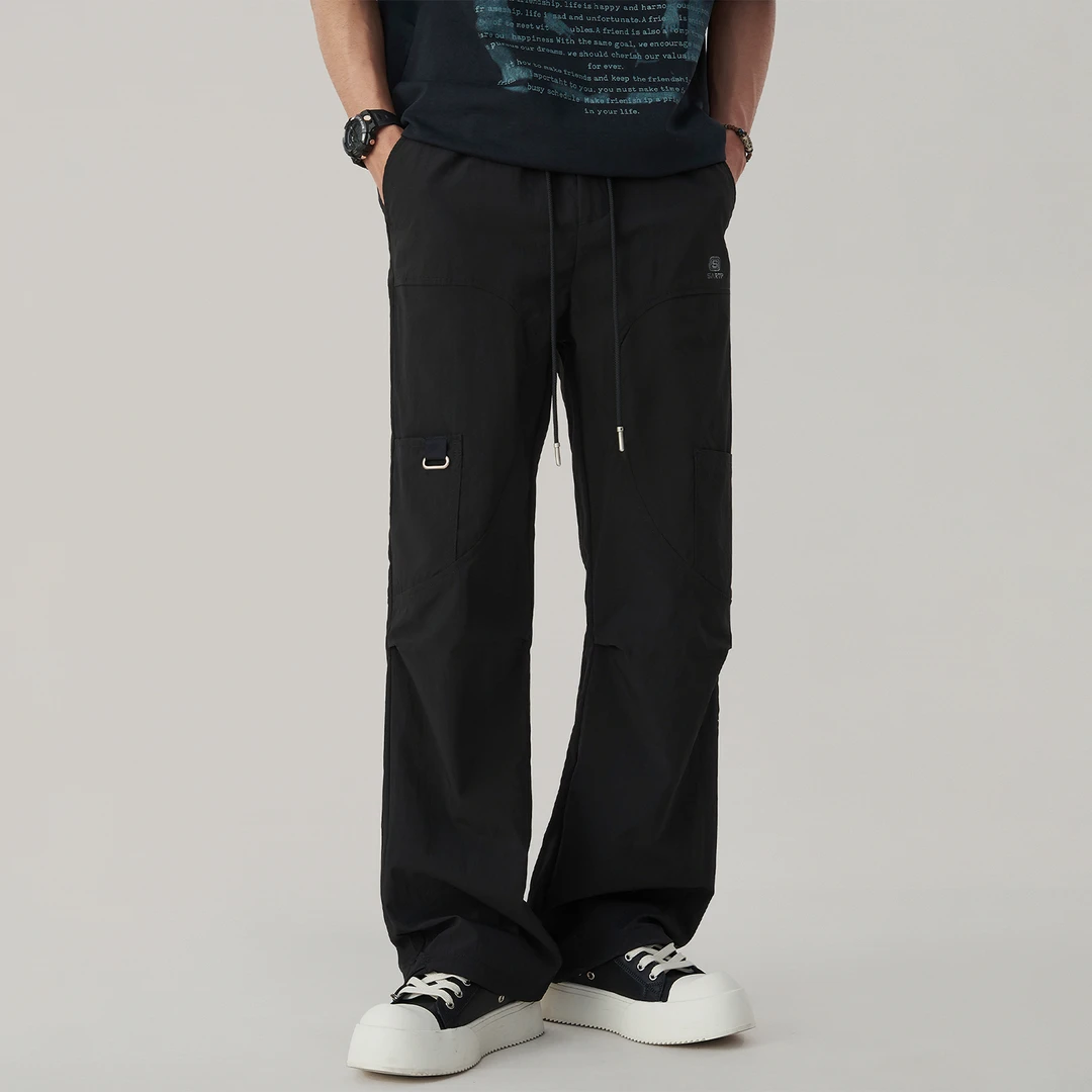 美式高街黑色休闲裤男夏季薄款凉感速干裤宽松直筒阔腿裤子男生潮