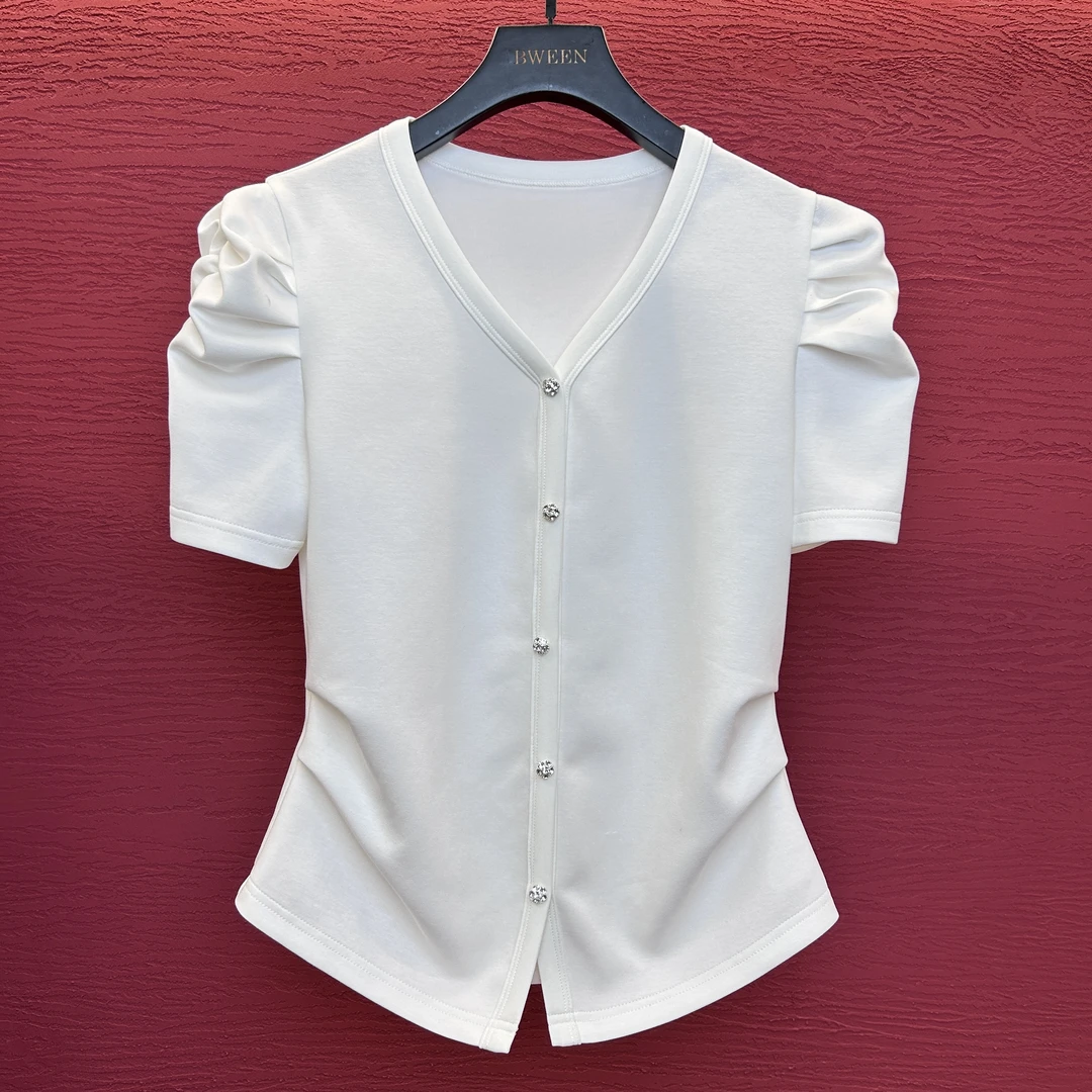 【假开衫】新款女装时尚百搭收腰显瘦女士纯棉堆堆袖短袖女士T恤