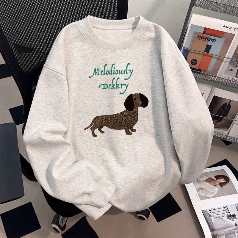 Dekkry韩系可爱立体腊肠狗图案印花秋冬纯棉长袖男女圆领t恤上衣