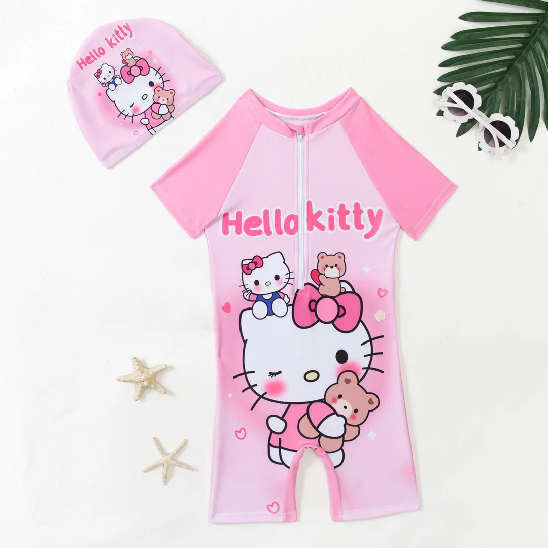 KT女童连体泳衣短袖卡通女宝宝公主防晒洋气短裤