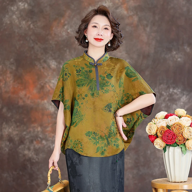 香云纱新中式上衣女2025春夏新款旗袍立领气质盘扣妈妈装真丝衬衫