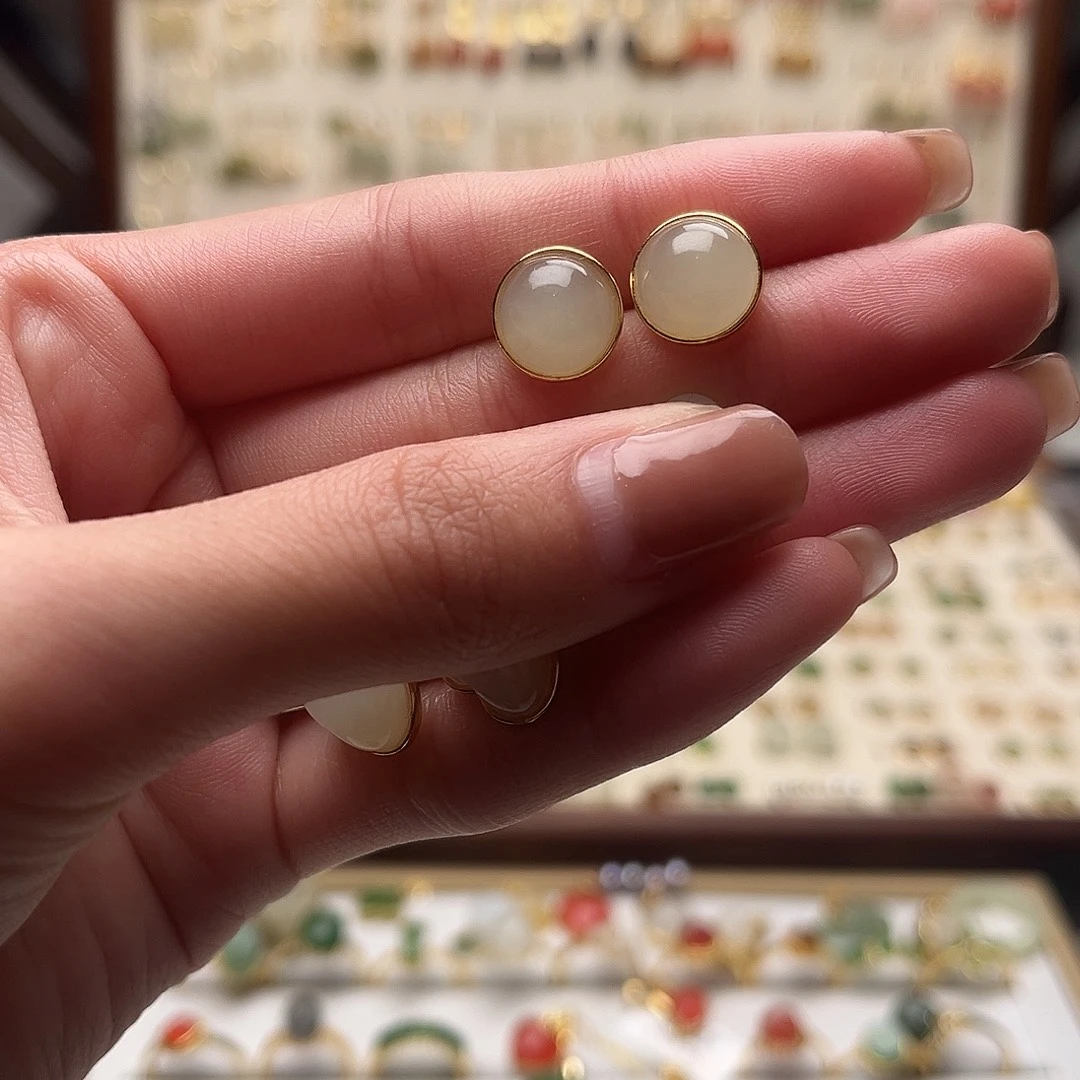 和田玉银S925镀金镶嵌耳饰