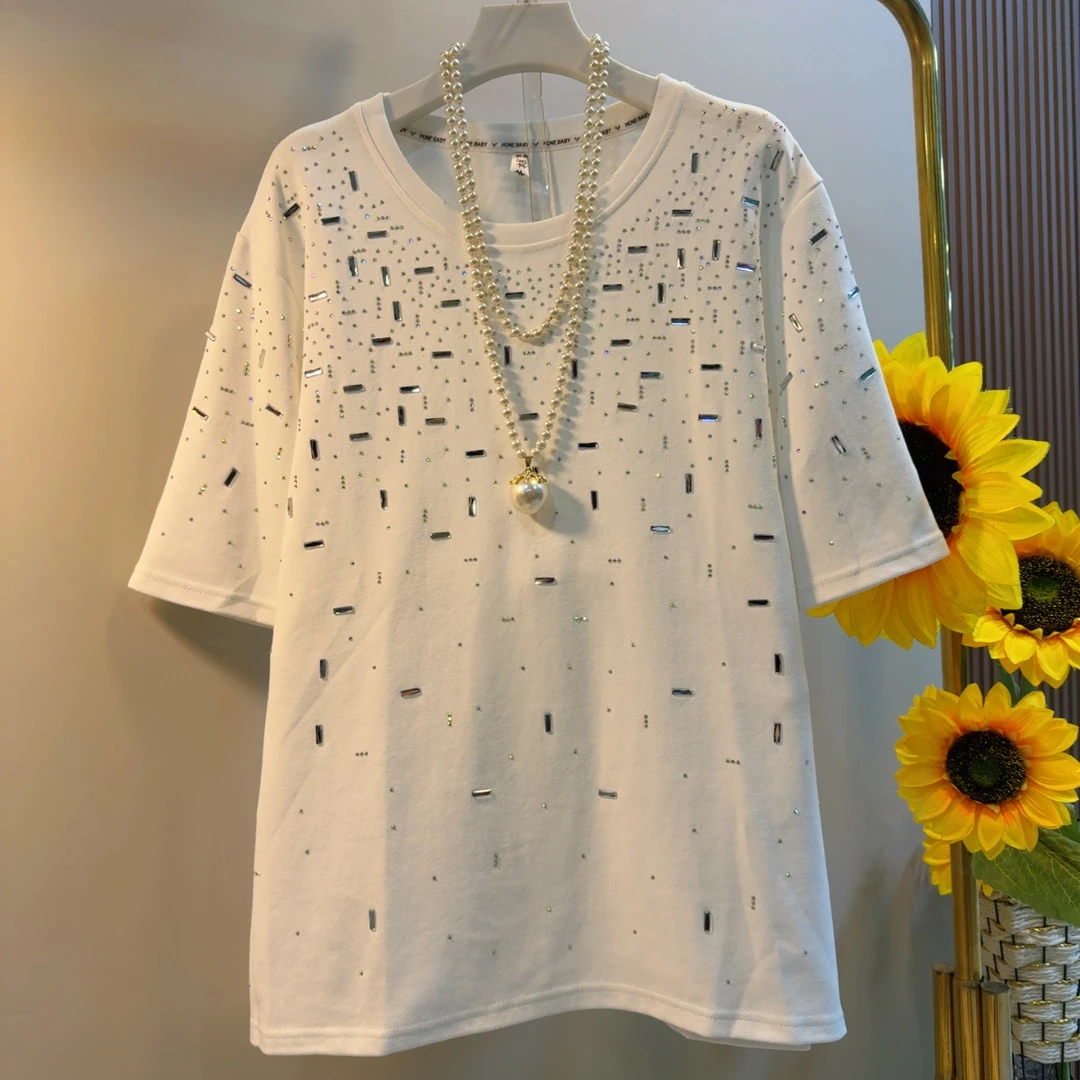 PNM女圆领短袖亮钻上衣胖妹妹宽松遮肚子大码女装新款休闲T恤