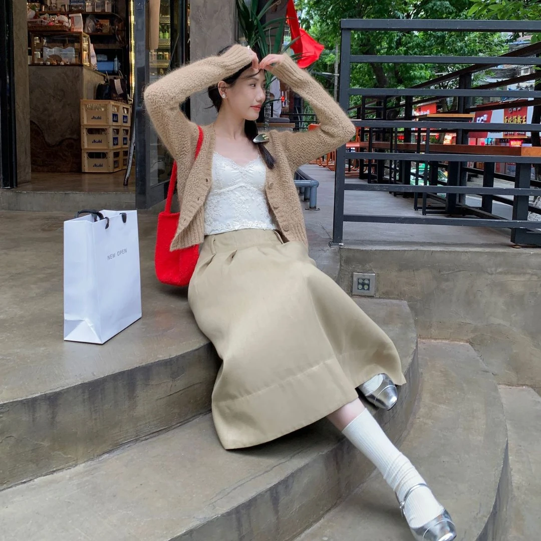 春季气质通勤中长款压褶a字高腰半身裙83688