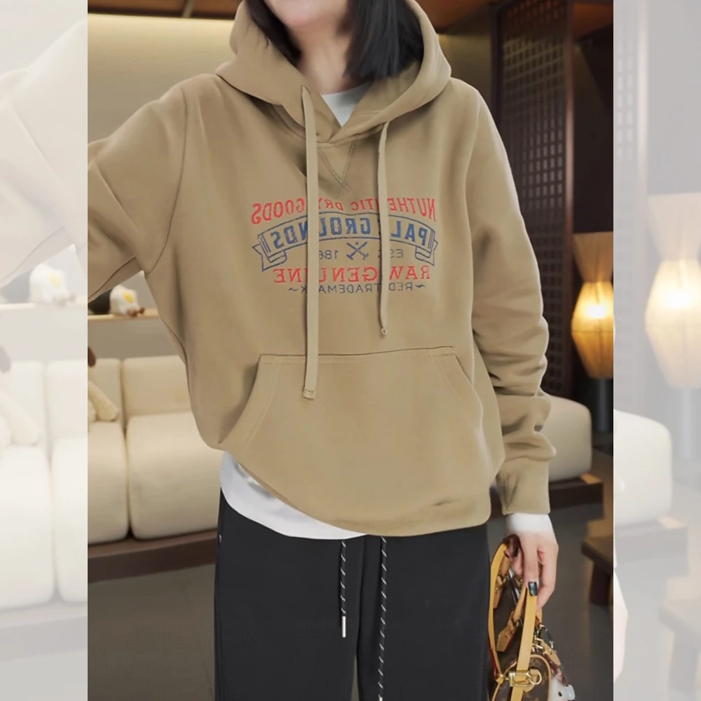 复古字母印花连帽卫衣女秋冬新款胖MM大码女装宽松遮肉慵懒风上衣