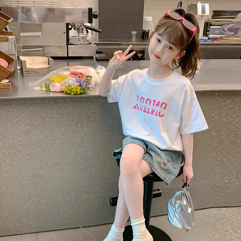 女童短袖t恤夏季2025新款儿童洋气蝴蝶结中袖上衣小女孩韩版体恤