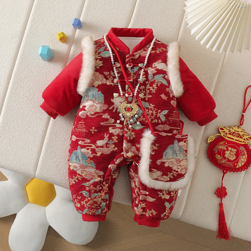 婴幼儿冬季加棉加厚连体衣中国风满月新年外出爬服祥云兔前开哈衣
