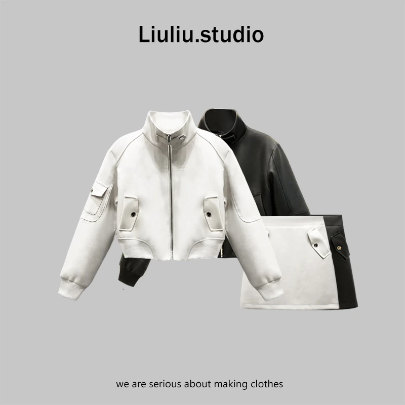 LiuLiu定制【女王驾到】设计感秋冬蛋白皮外套+半身裙套装两件套