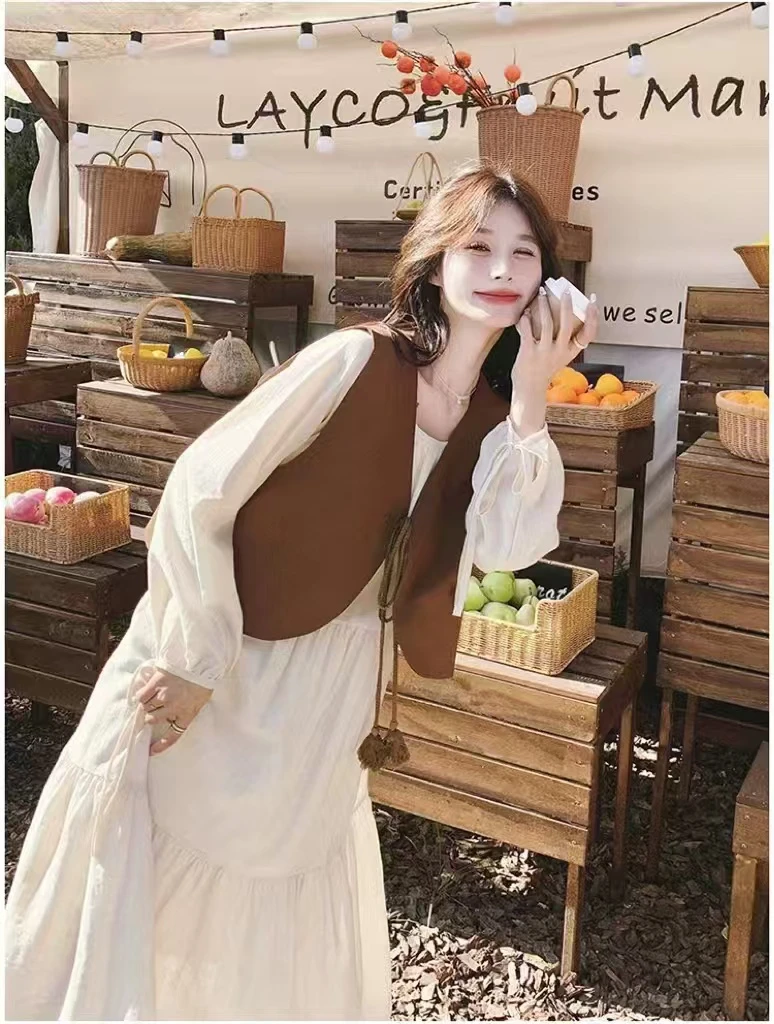 2025早春新款时尚美拉德马甲配气质长袖连衣裙套装6692