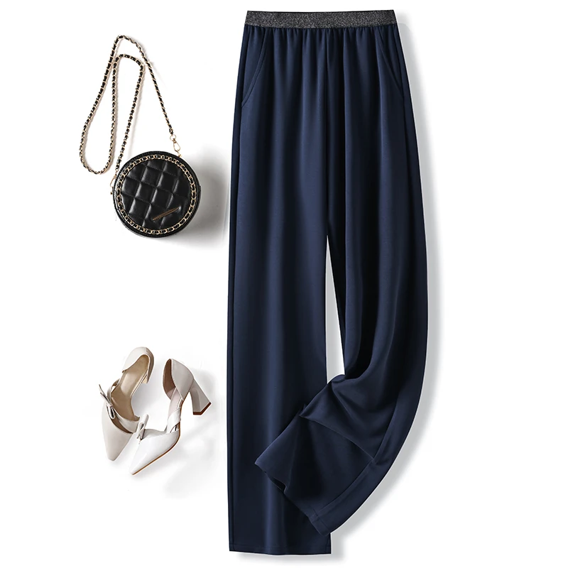 铜氨丝白色阔腿裤女夏季薄款藏青色直筒休闲裤大码胖mm垂感长裤子