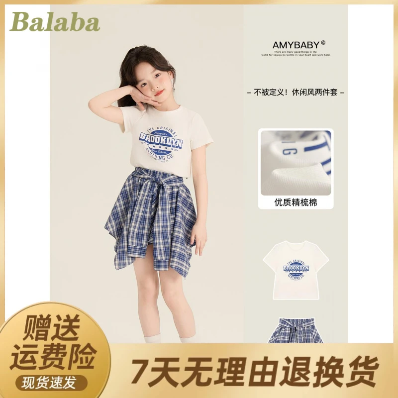 Amybaby女童套装夏季2025新款圆领字母T不规则设计感