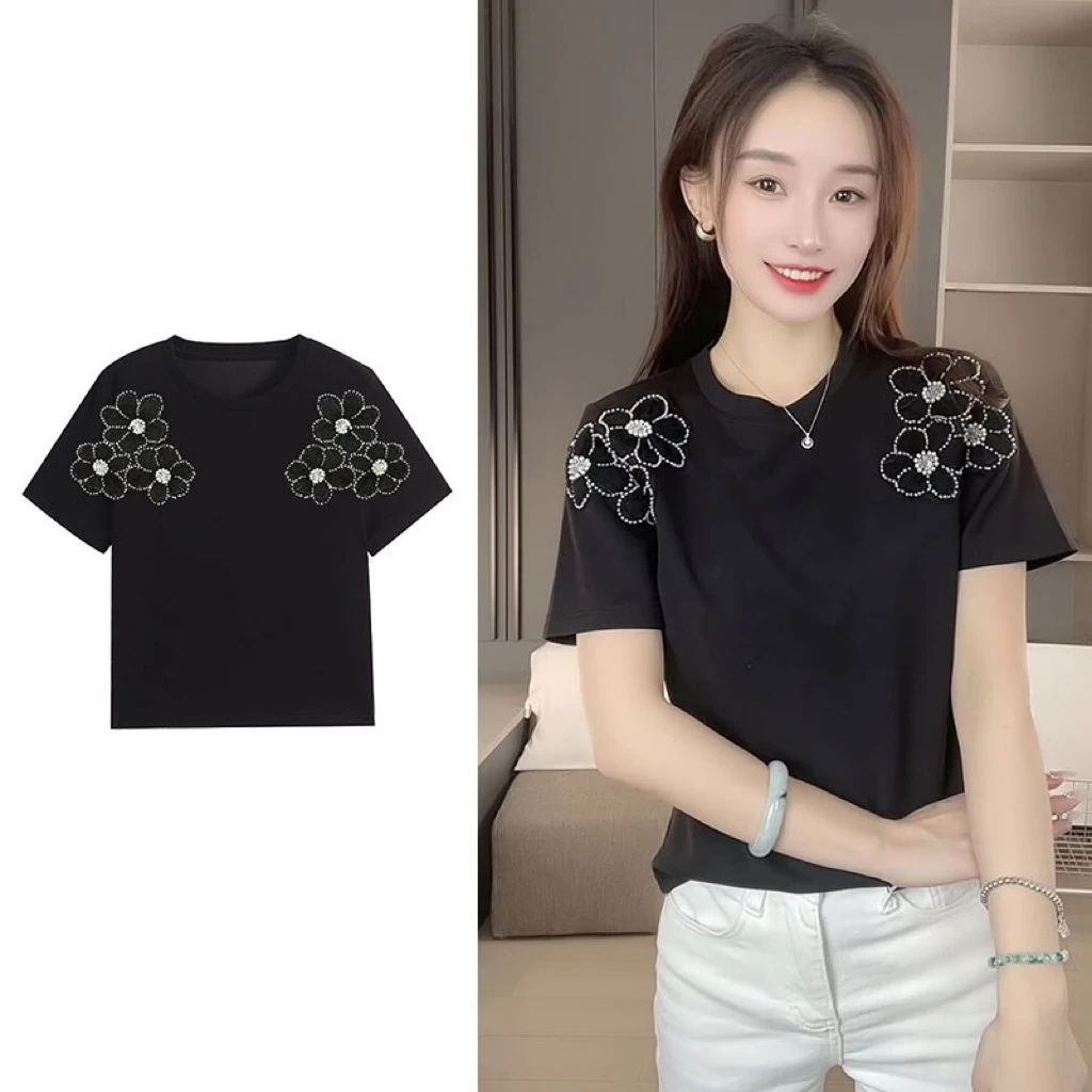 玲姐定制-圆领重工立体花朵短袖T恤通勤上衣女407912