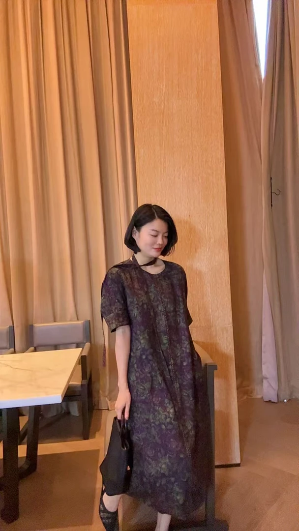 TANTAN  真丝香云纱 气质紫色印花连衣裙2111