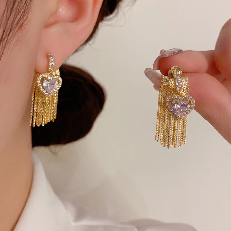 铜合金耳饰 精品-气质时尚前后戴锆石爱心流苏高级感显脸瘦耳环女