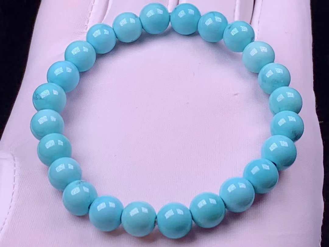 湖北天然原矿绿松石高瓷蓝圆珠手串瓷釉级料质细腻尺寸7.5-7.8mm