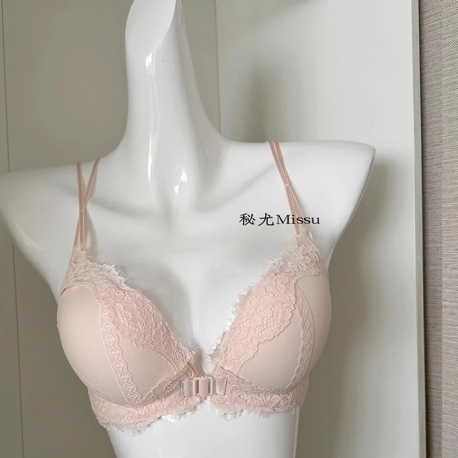 纯欲风蕾丝性感前扣内衣女小胸聚拢防下垂文胸小胸显大美背胸罩