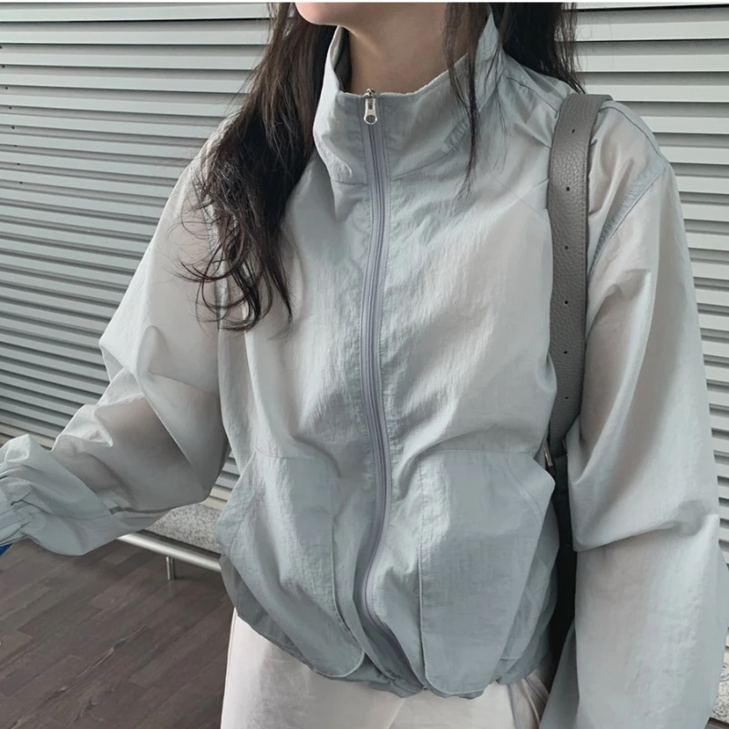 新款2025夏纯色显气质百搭轻薄立领外套慵懒长袖宽松时尚衣女