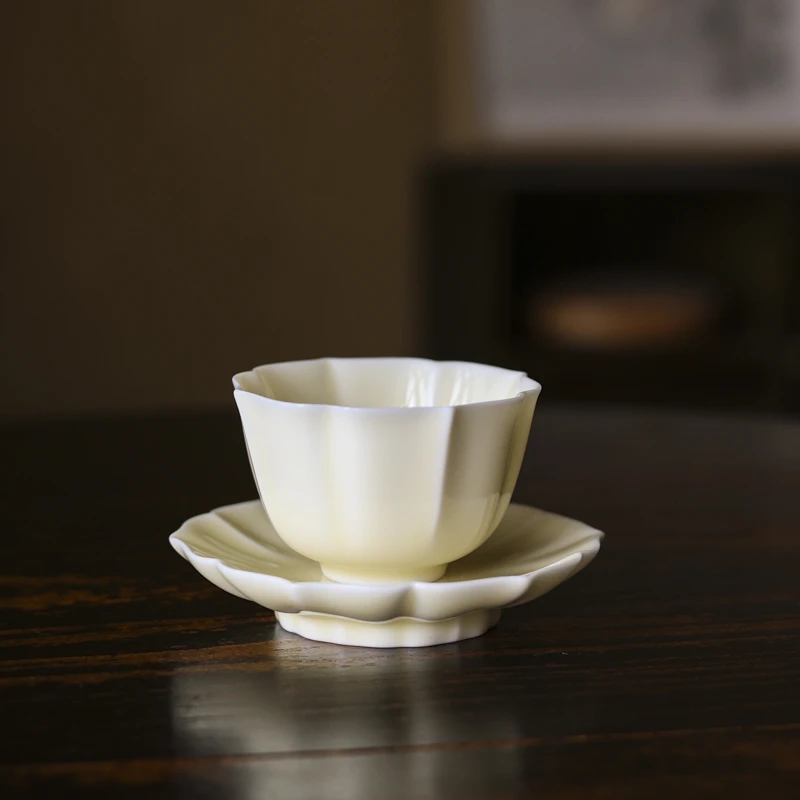 【非遗甄选】黄丽君-月光白主人杯带杯垫莲花杯加杯碟（X7790）