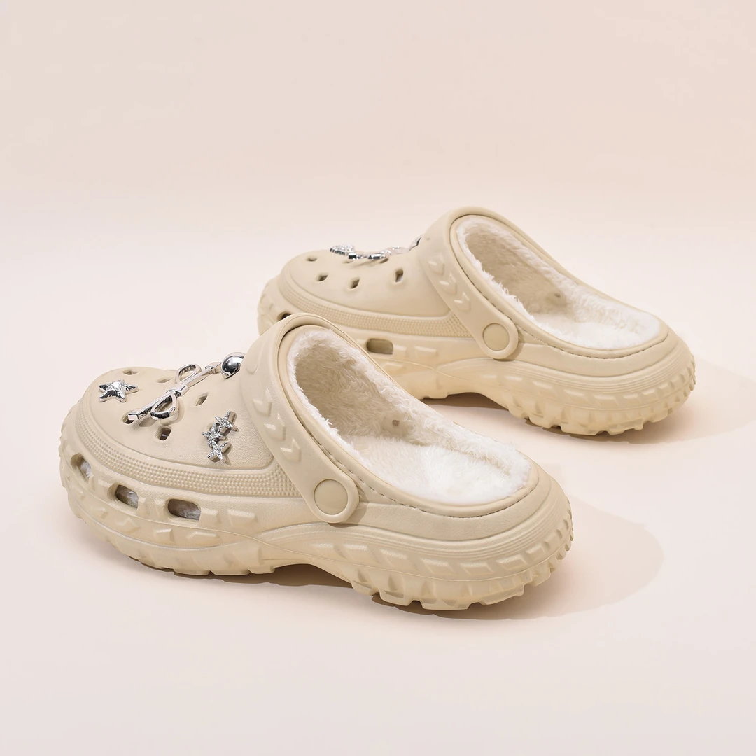 加绒洞洞鞋女秋冬新款外穿毛绒踩屎感毛毛拖鞋保暖防滑情侣棉鞋