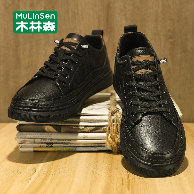 木林森男士板鞋2025新款秋季休闲皮鞋黑色低帮运动百搭软底潮鞋