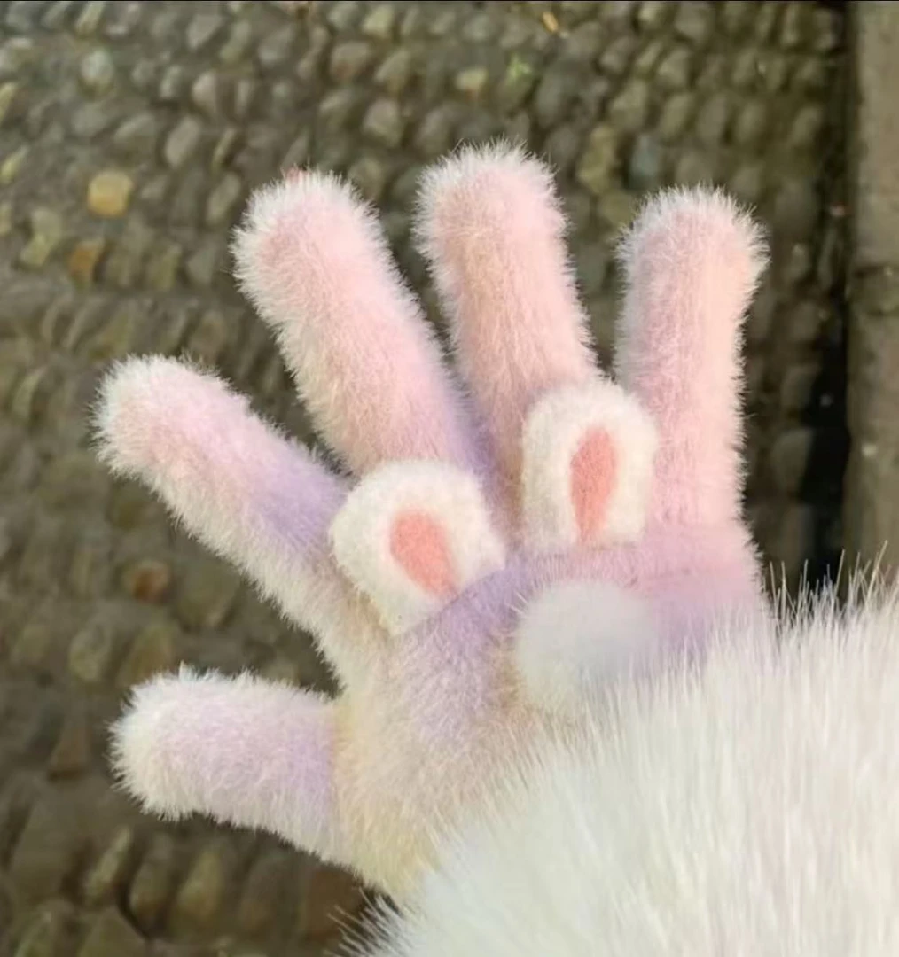 猫咪兔子耳朵可爱少女心针织暖手套分指卡通毛绒冬天骑行学生保暖