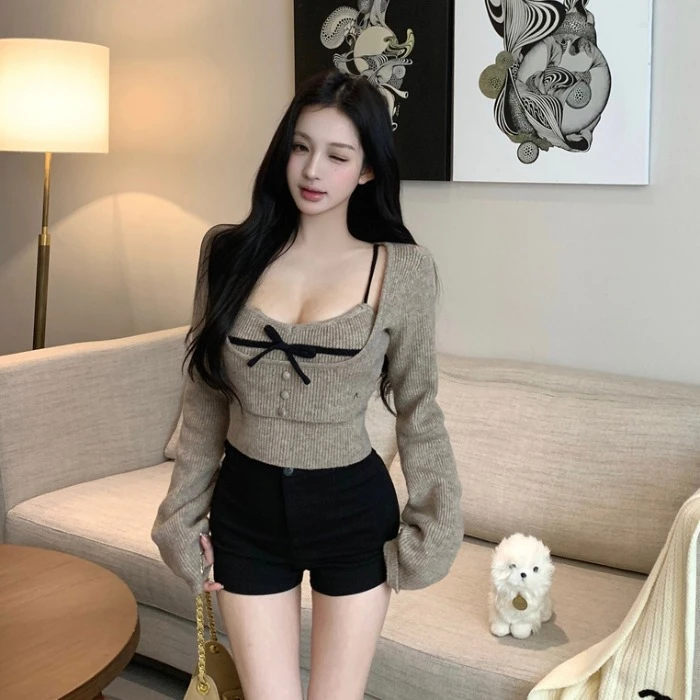 纯欲性感蝴蝶结吊带背心女秋季穿搭套装u领长袖针织衫上衣两件套