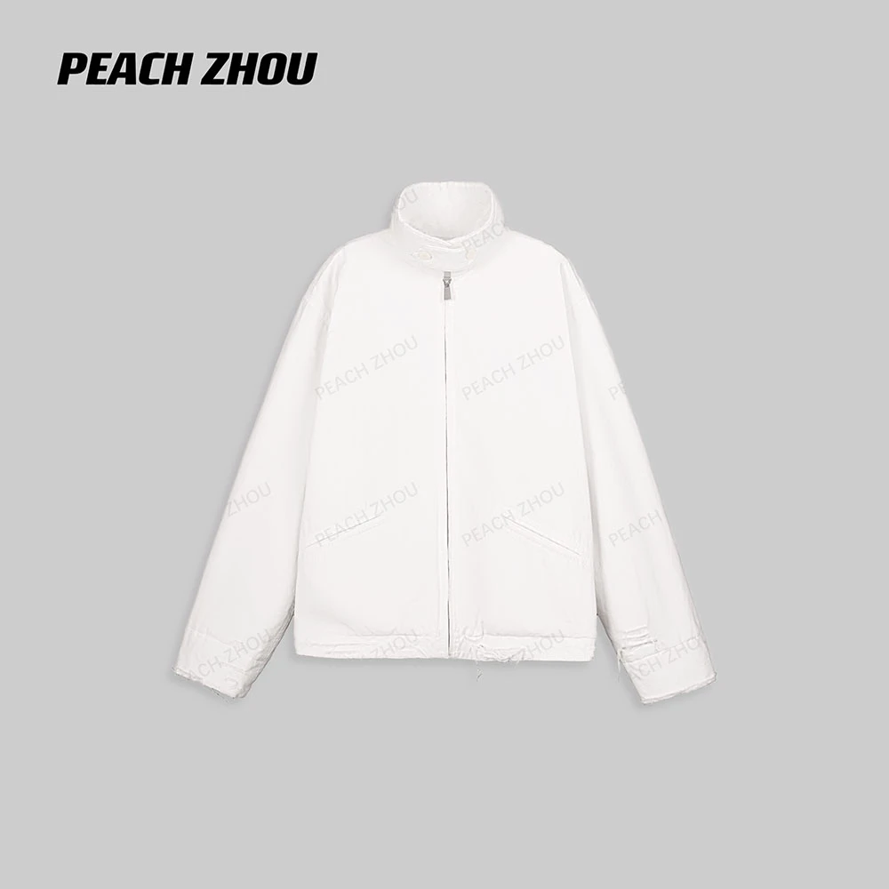 『PEACHZHOU』三角标割破做旧洗水斜纹棉宽松翻领工装棉服夹克外套